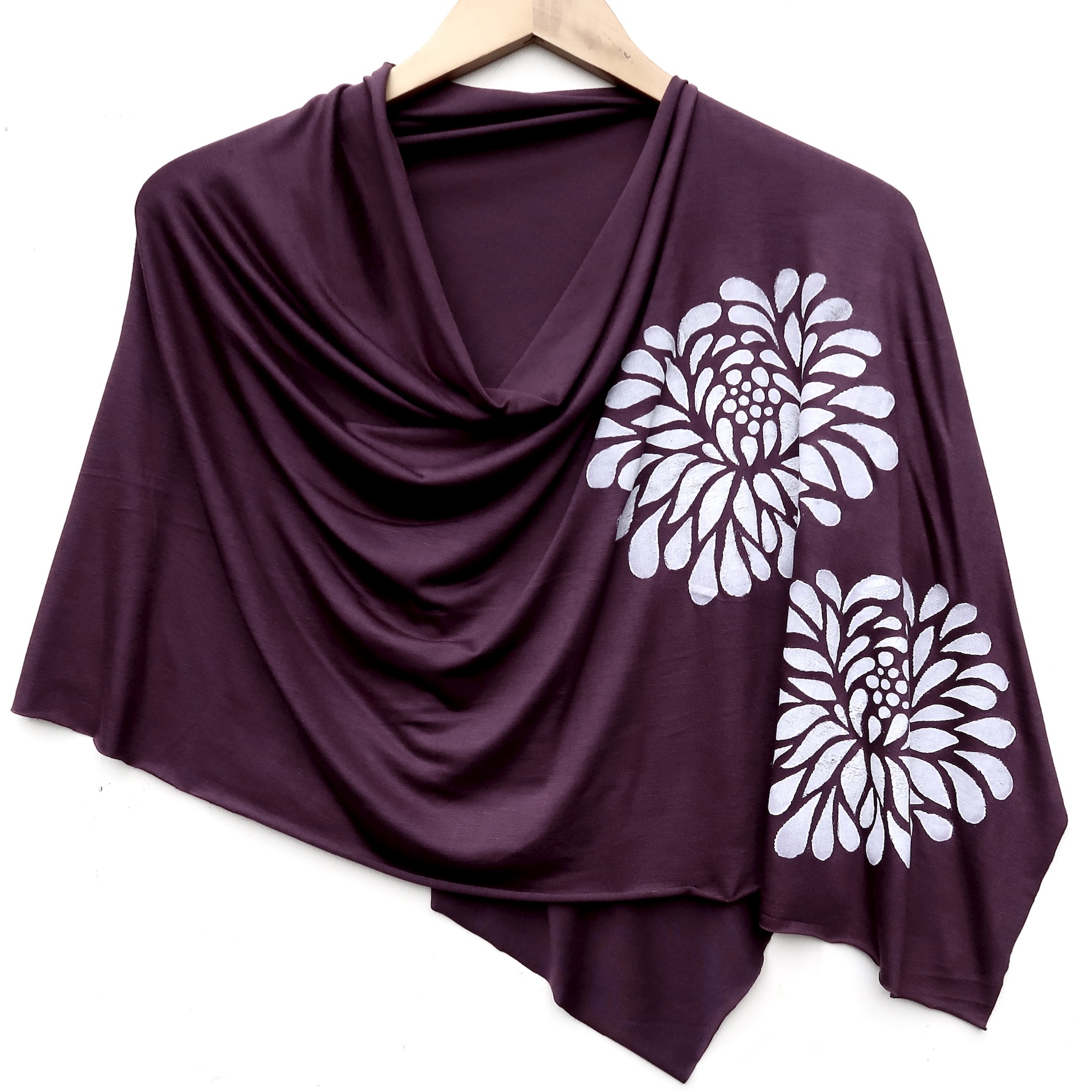 Chrysanthemum poncho (white ink) Dusty Plum Dark Purple