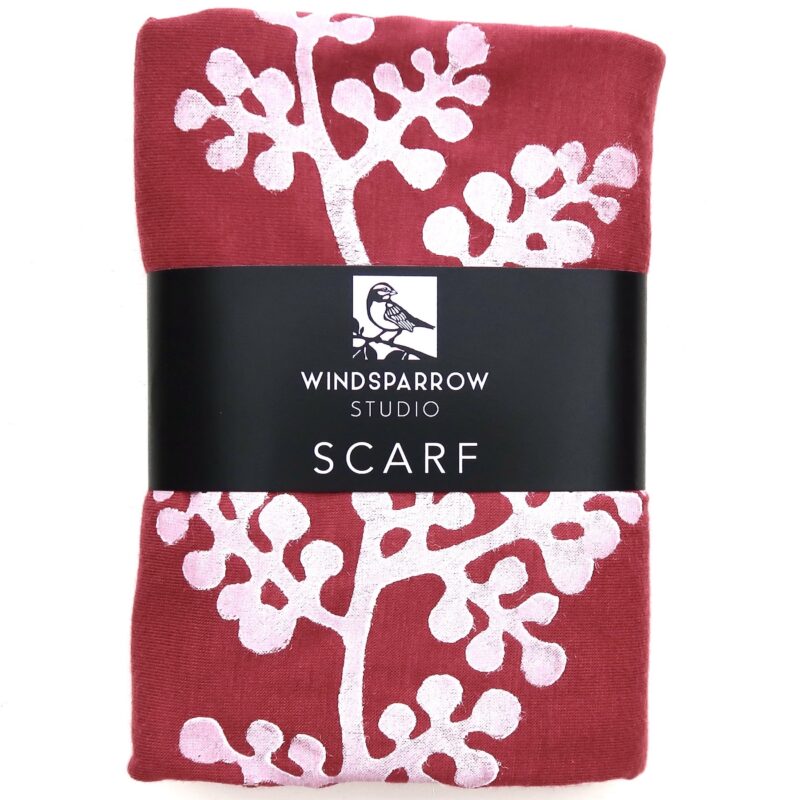 Berry Branch scarf (white ink) in packaging