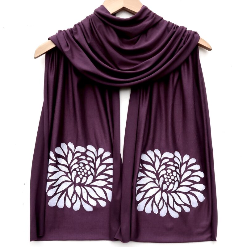 Chrysanthemum scarf (white ink) Dusty Plum Dark Purple