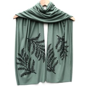 Leafy Branch scarf (black ink) Moss Green