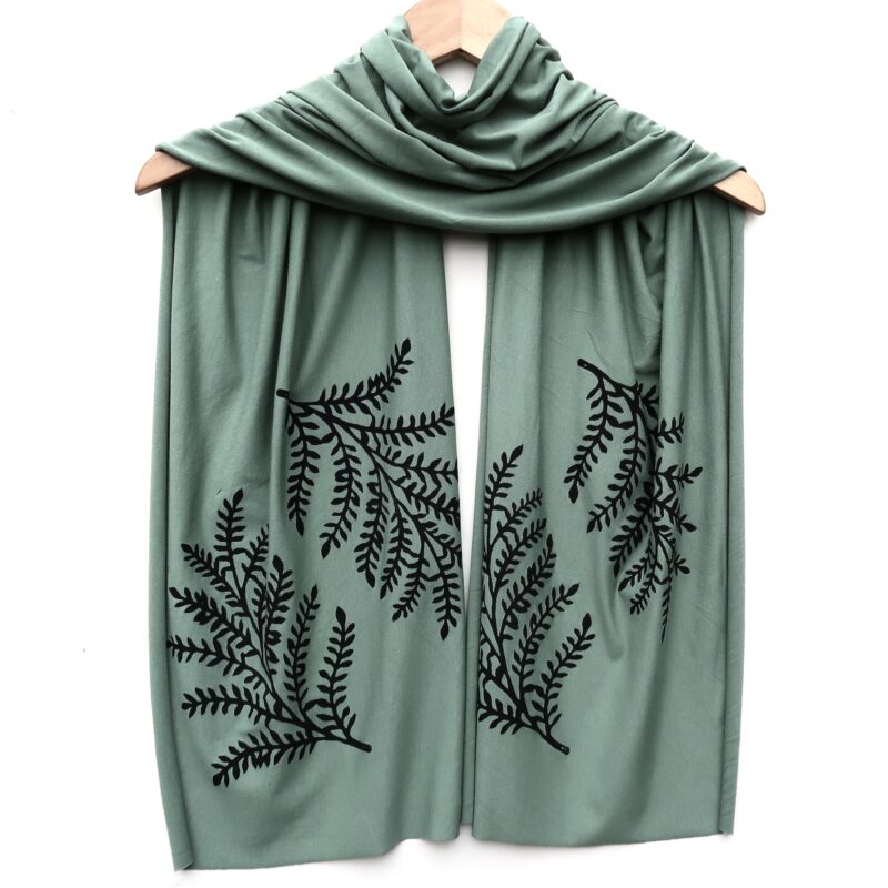 Leafy Branch scarf (black ink) Moss Green