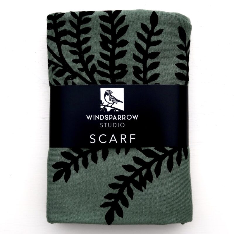 Leafy Branch scarf (black ink) in packaging