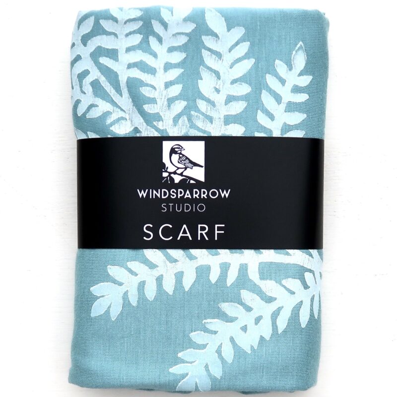Leafy Branch scarf (white ink) in packaging