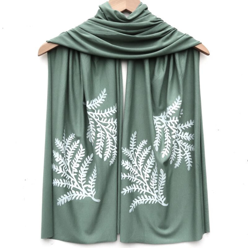 Leafy Branch scarf (white ink) Moss Green