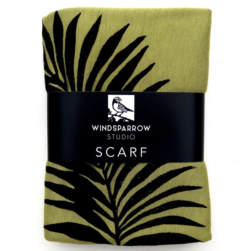 Palm Leaf scarf (black ink) in packaging