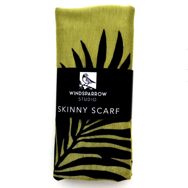 Palm Leaf skinny scarf (black ink) in packaging